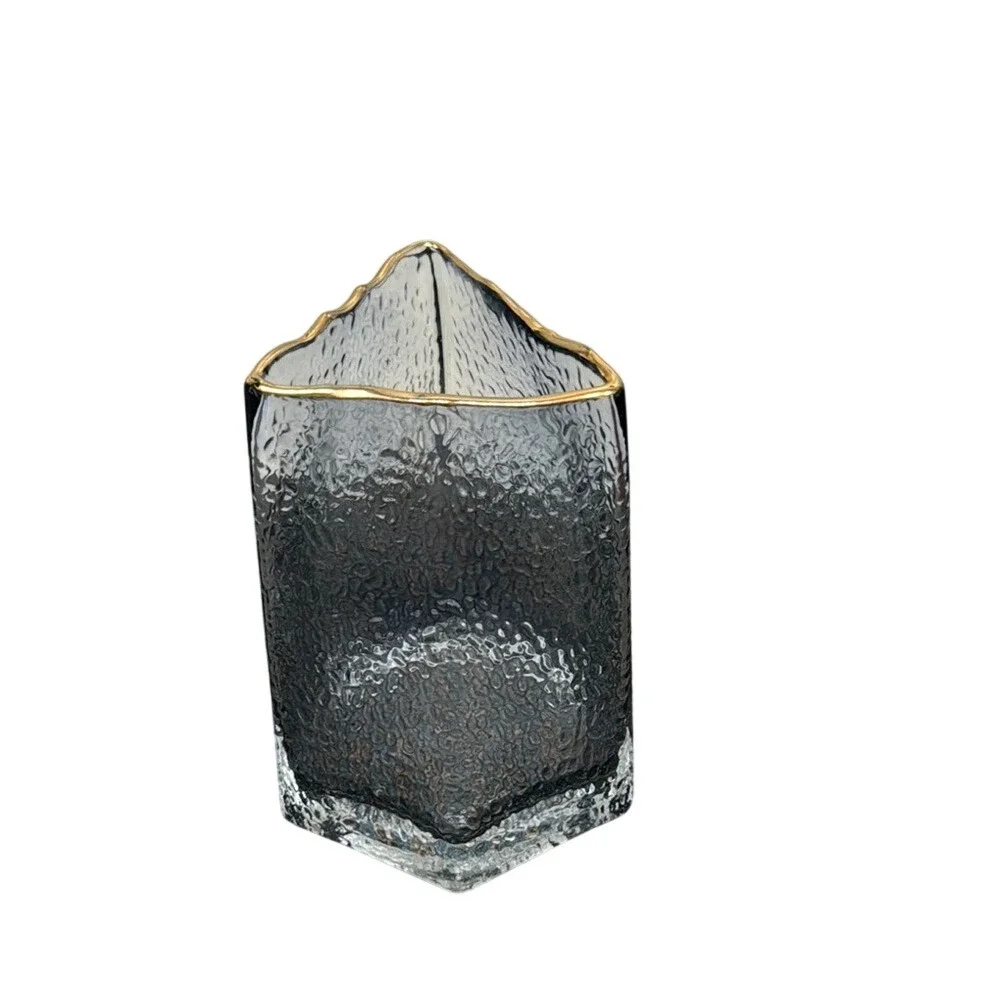 Modern Smoked Blue Hammered Glass Vase Asymmetrical Gold Rim Triangular Hex Base